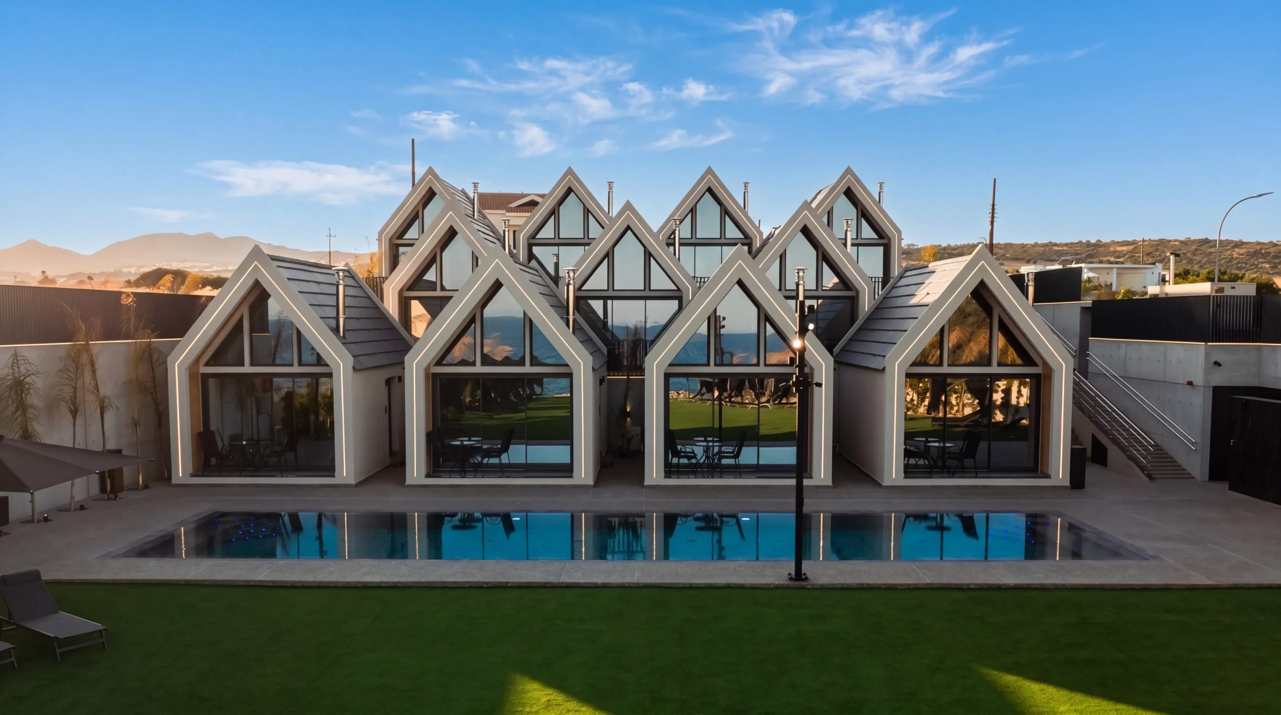 The two-level suites at NOE Suites overlooking the shared outdoor pool